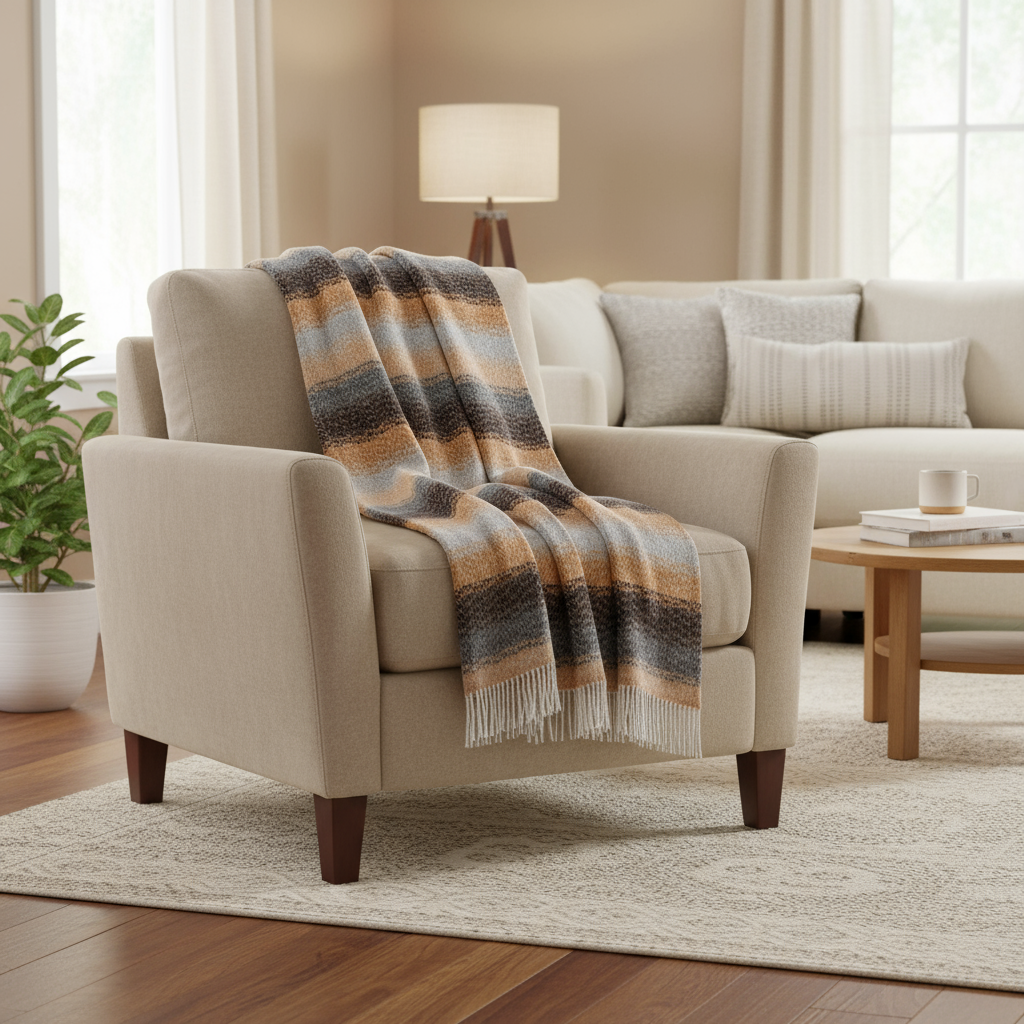 Beige armchair with a plaid blanket in a living room setting