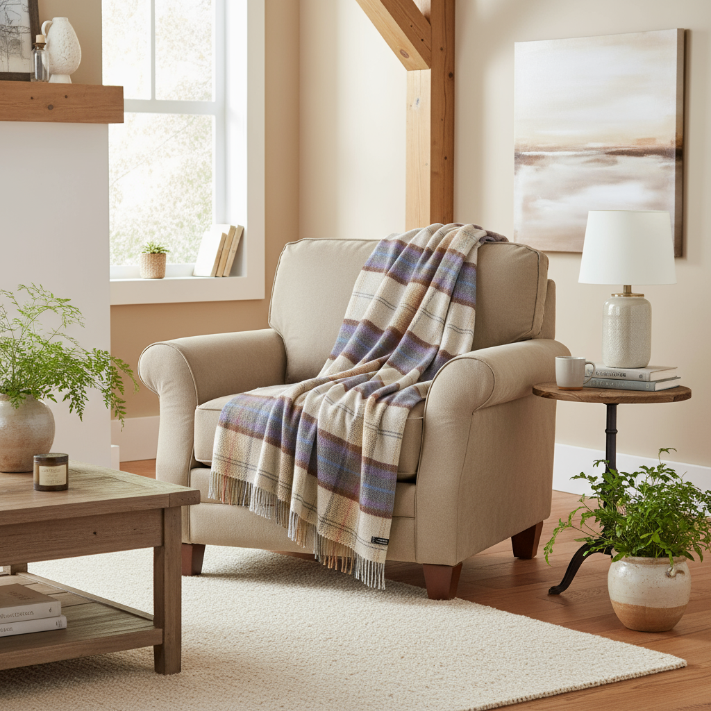 Merino Wool Cashmere Throw Grey Mustard Plaid