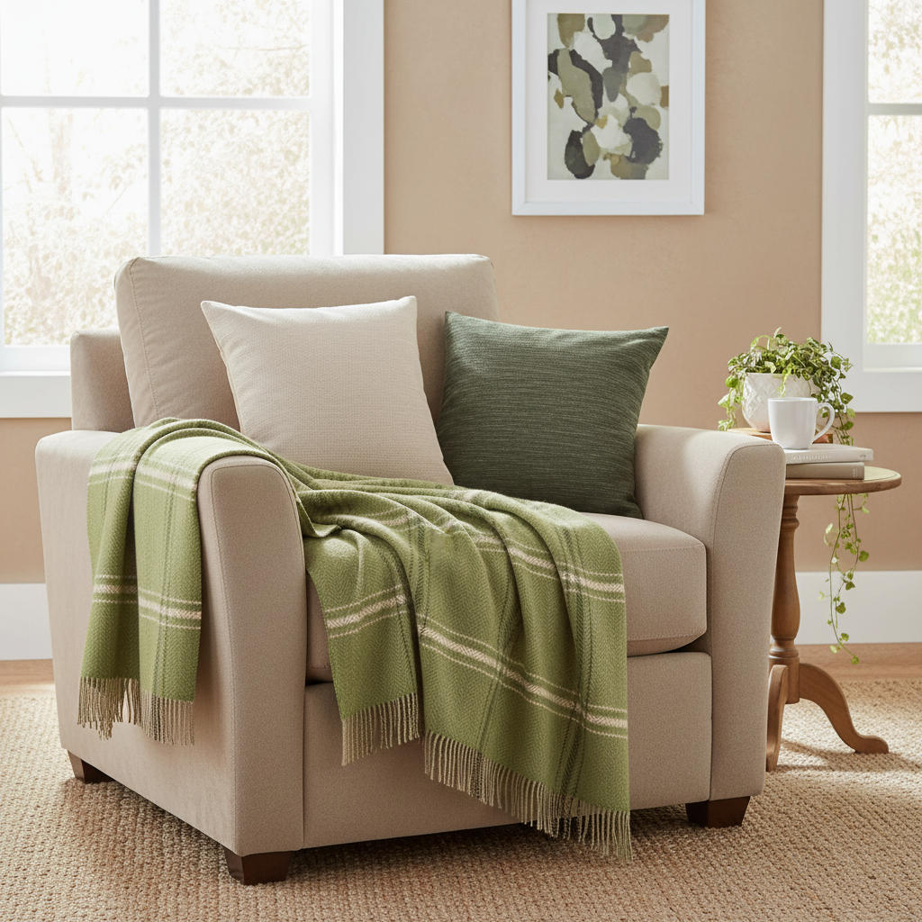 Merino Wool Cashmere Throw Green Beige Cream Overcheck