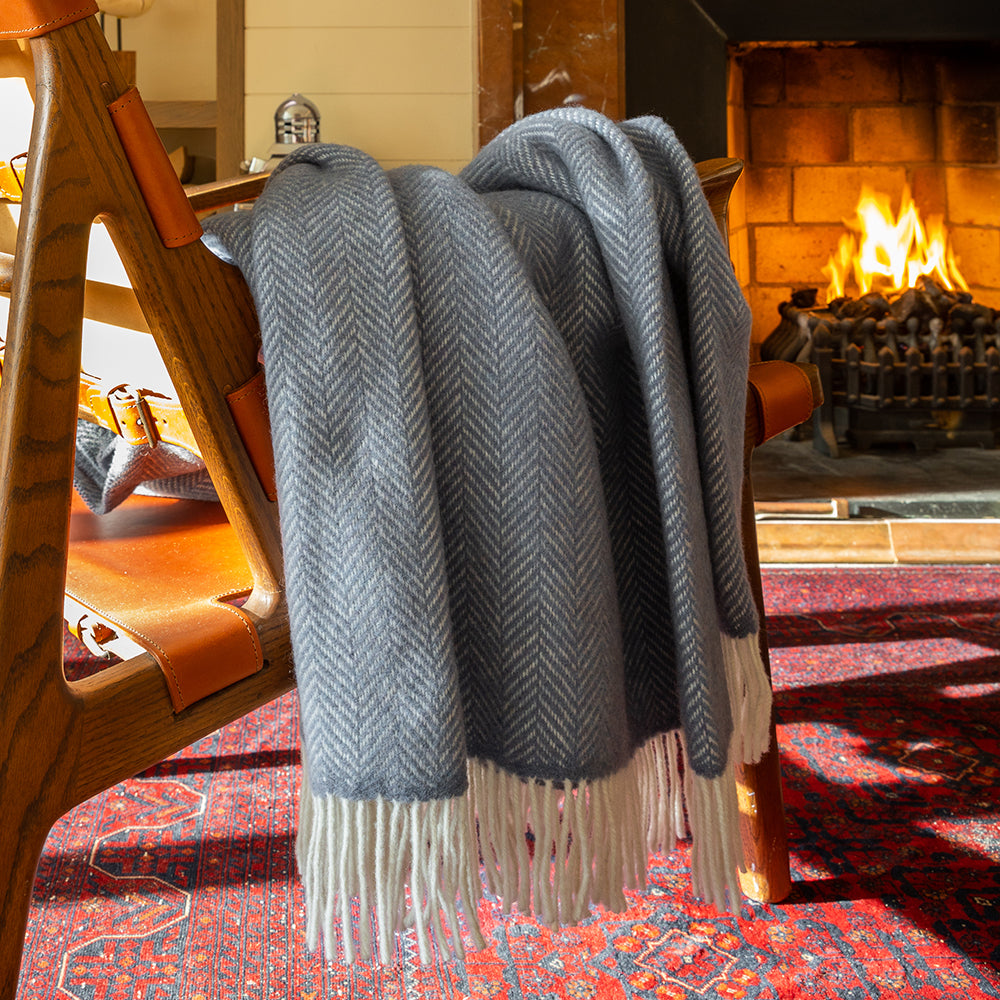 Merino Wool Cashmere Throw Grey Herringbone