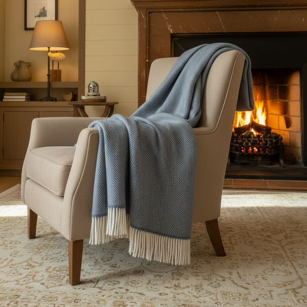 Merino Wool Cashmere Throw Grey Herringbone