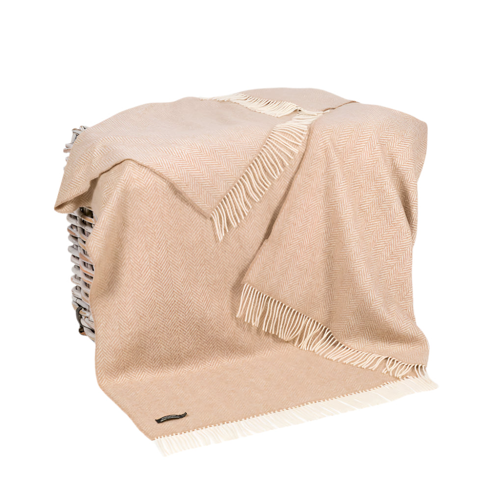 Merino Wool Cashmere Throw Beige Herringbone