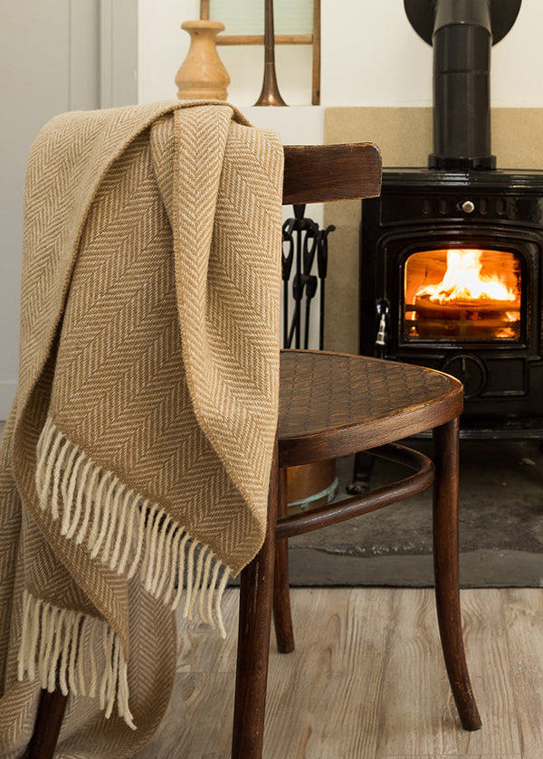 John Hanly Cashmere Merino Throw - Beige Herringbone Irish Blanket