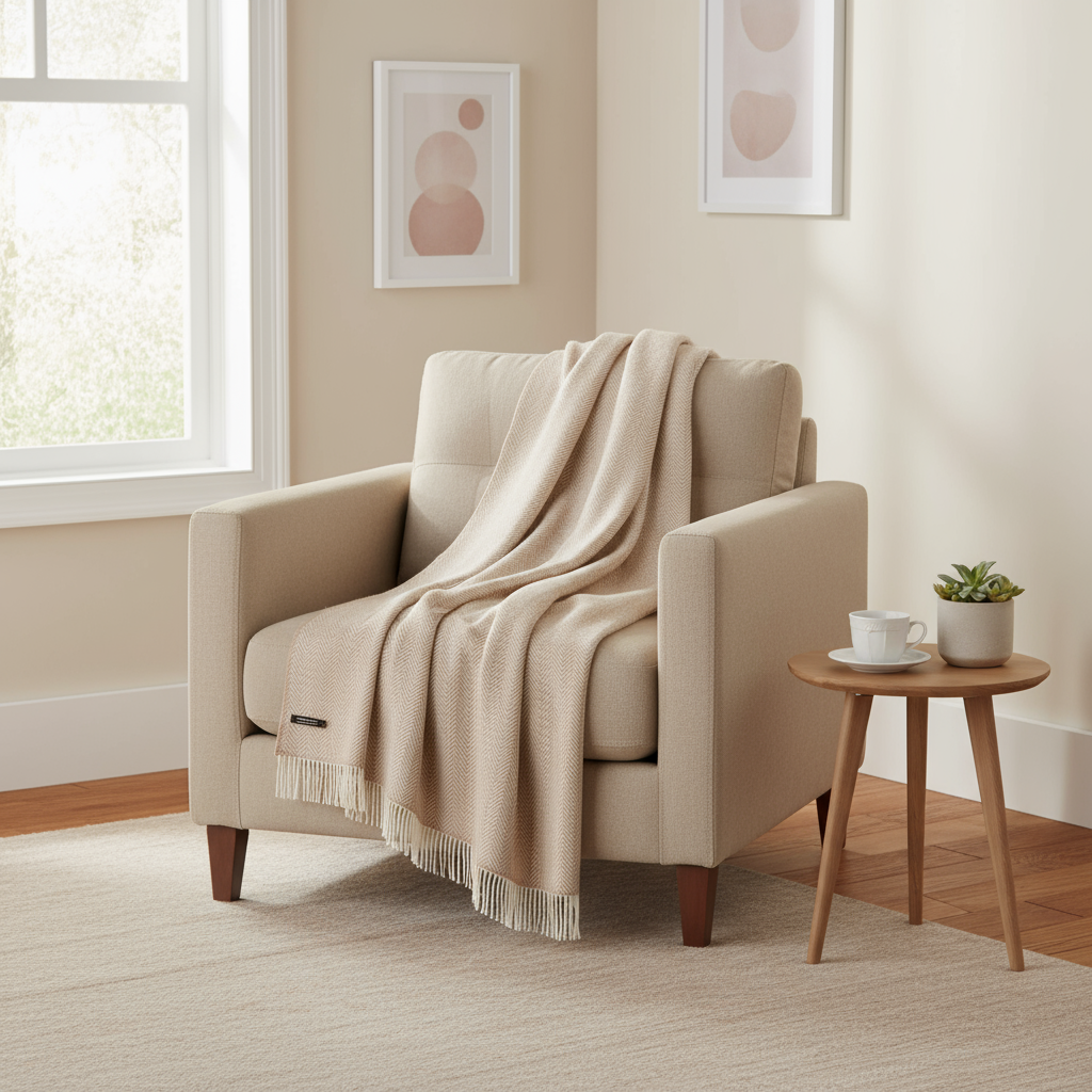 Merino Wool Cashmere Throw Beige Herringbone