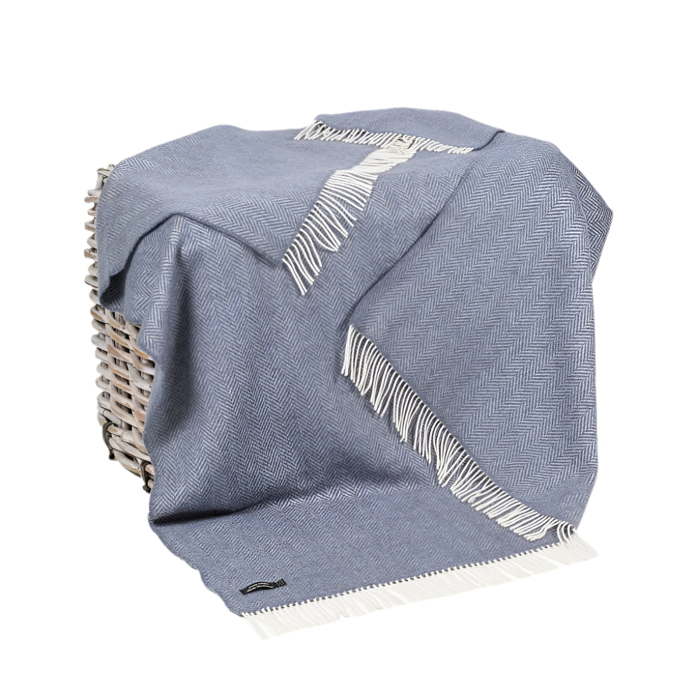 Merino Wool Cashmere Throw Denim Cream Herringbone