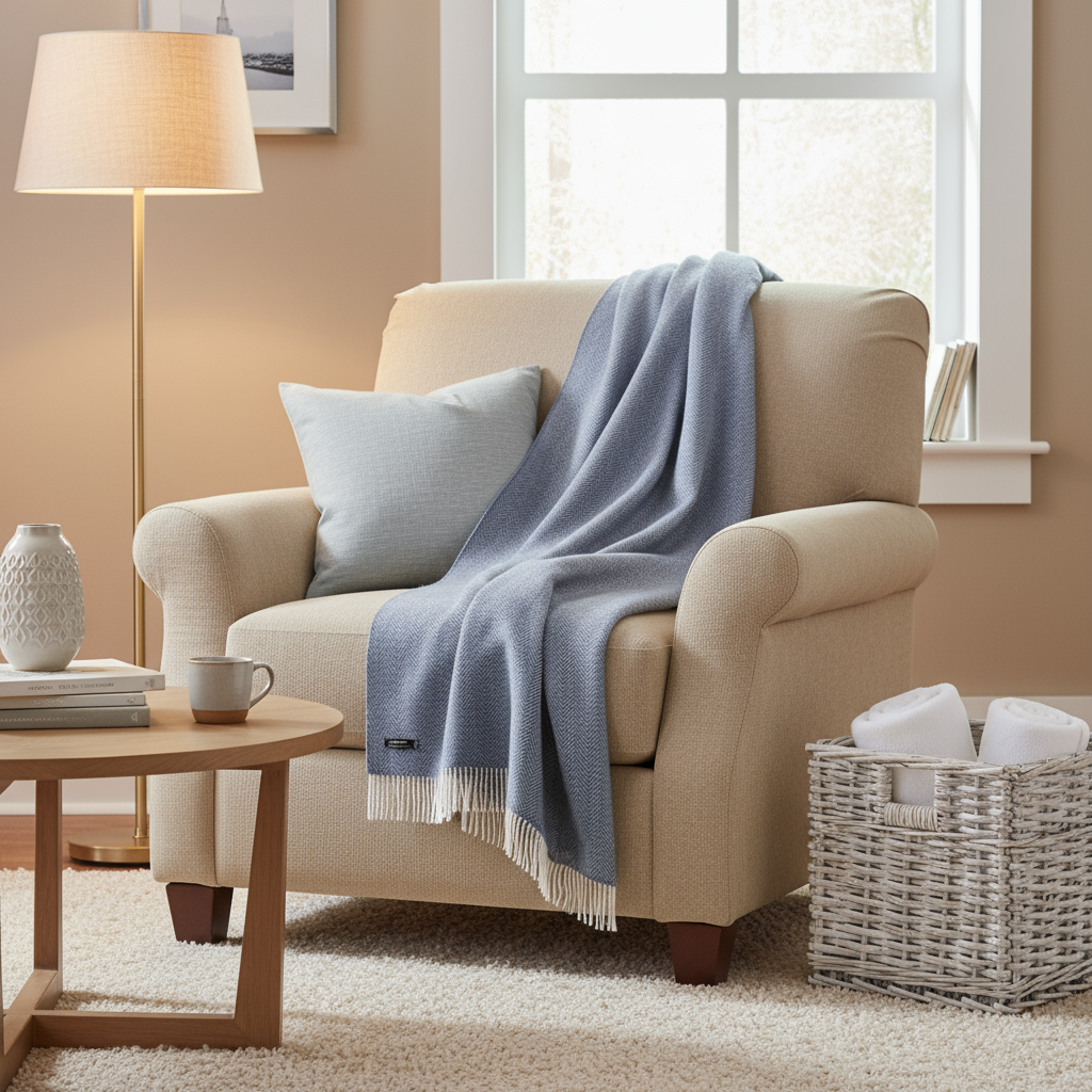 Merino Wool Cashmere Throw Denim Cream Herringbone