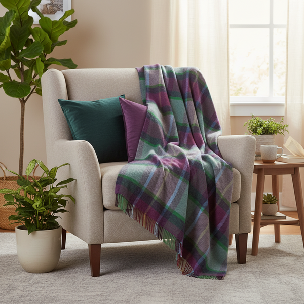 John Hanly Cashmere Merino Throw - Purple Green Navy