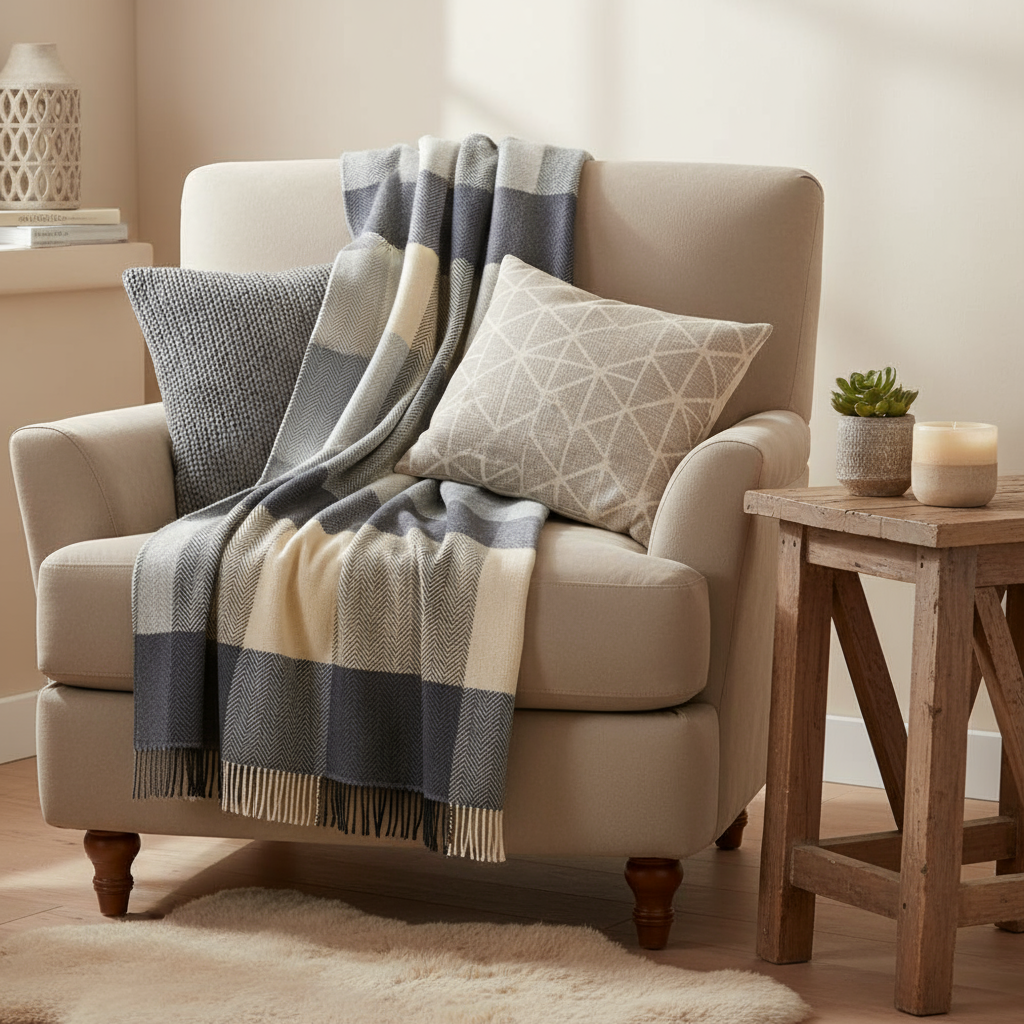 Merino Wool Cashmere Throw Cream Grey Large Block Herringbone