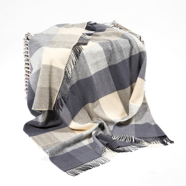 Merino Wool Cashmere Throw Cream Grey Large Block Herringbone