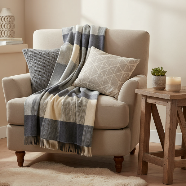 Merino Wool Cashmere Throw Cream Grey Large Block Herringbone
