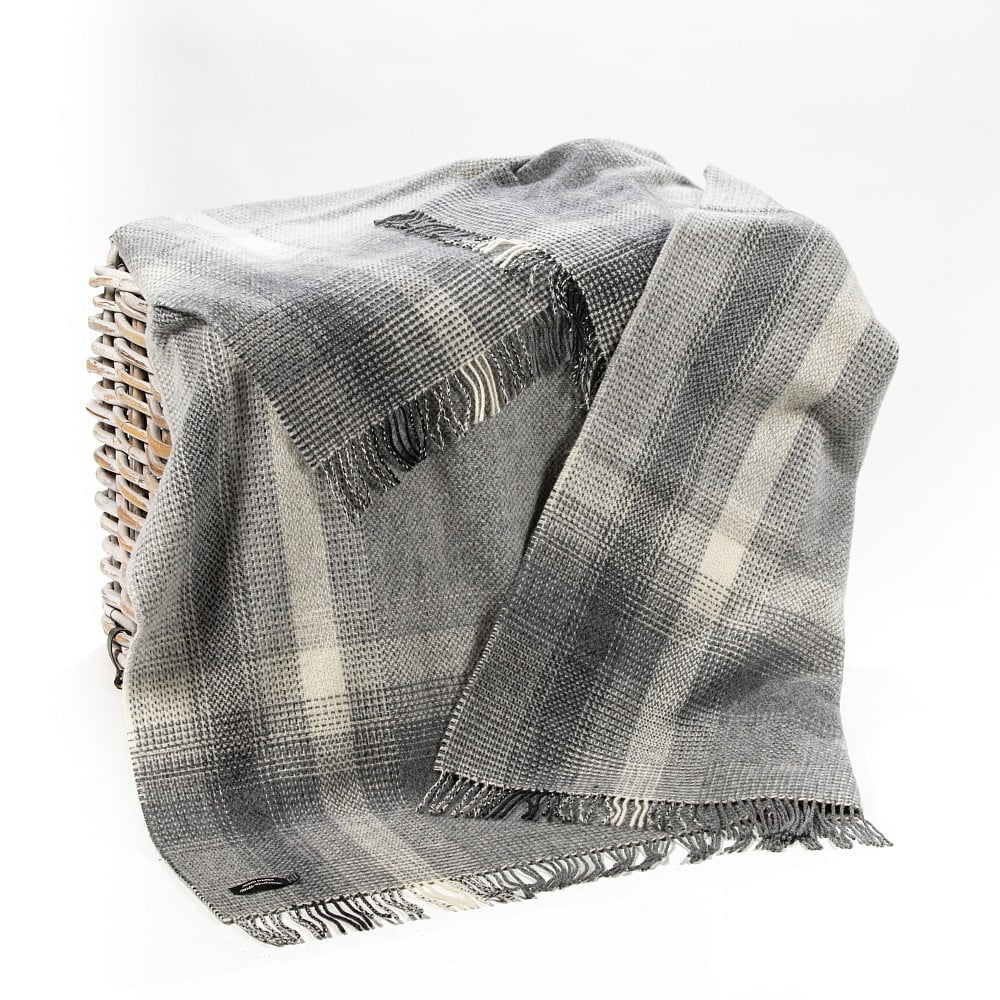 Merino Wool Cashmere Throw Grey Silver Border Check