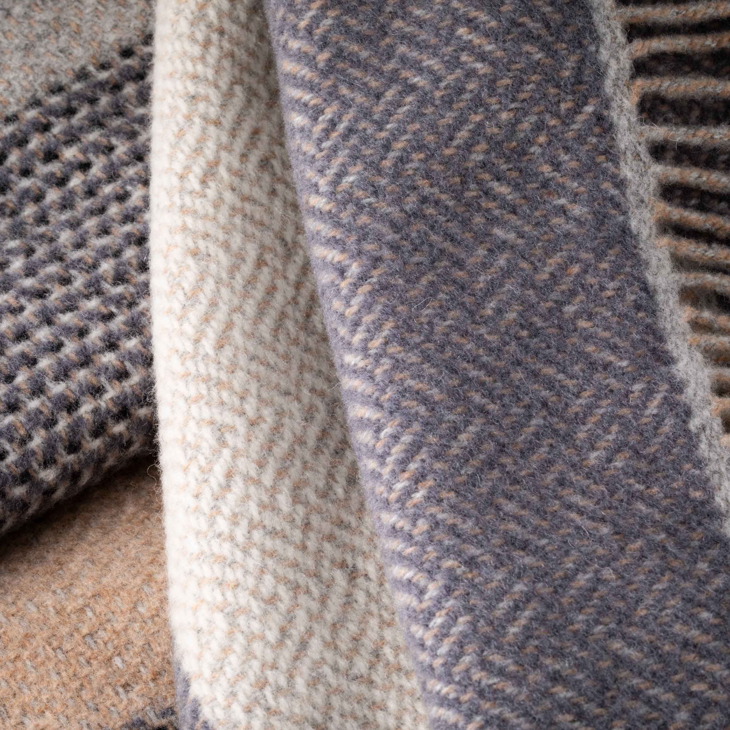 Close-up of textured fabric with a herringbone pattern in shades of gray and beige.
