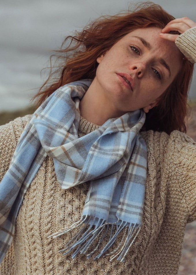 John Hanly Merino Wool Scarf | Blue & Cream Check | Irish Heritage