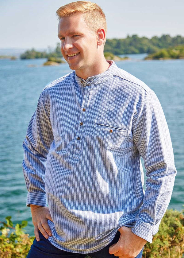 Men's Flannel Grandfather Shirt | Grey Stripe