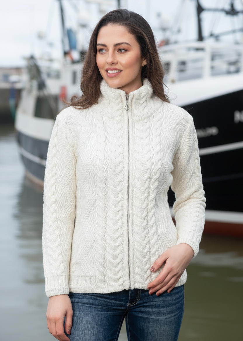 Ladies Merino Wool Aran Zip Cardigan | Natural