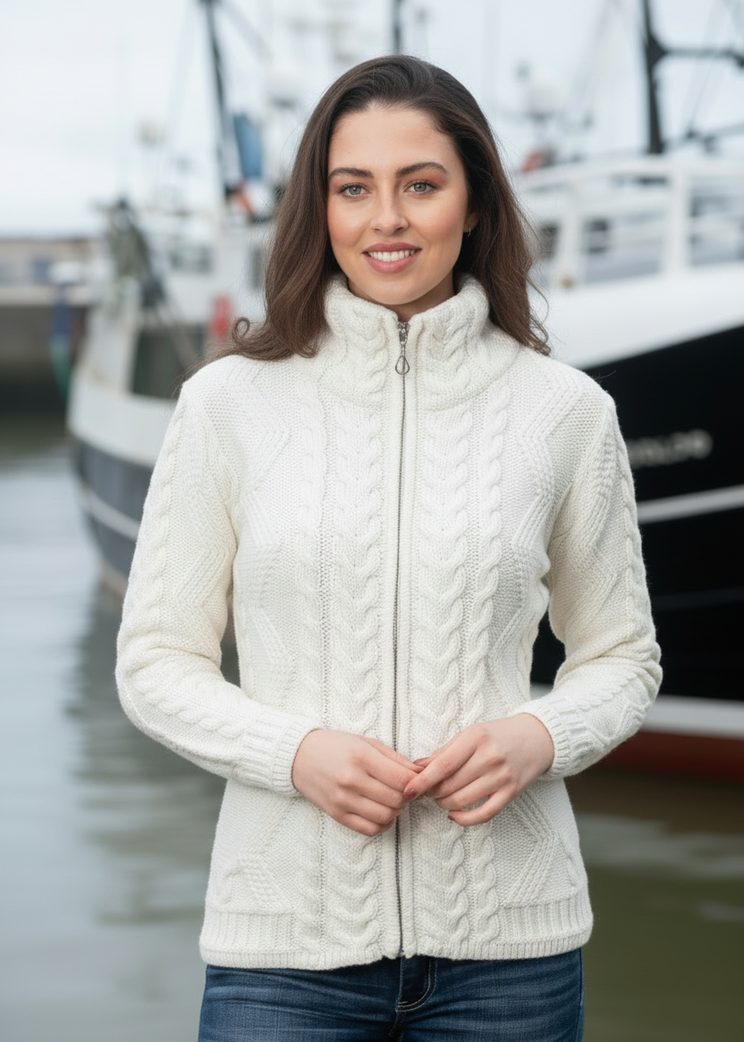 Ladies Merino Wool Aran Zip Cardigan | Natural