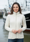 Ladies Merino Wool Aran Zip Cardigan | Natural