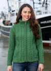 Ladies Merino Wool Aran Zip Cardigan | Kiwi Green