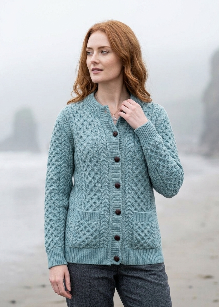 Aran Cable Knit Cardigan | 100% Wool | Aqua
