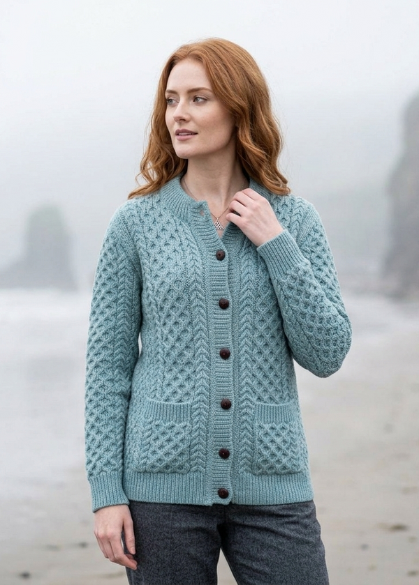 Aran Cable Knit Cardigan | 100% Wool | Aqua
