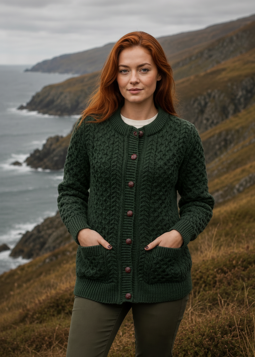 Aran Merino Wool Cable Knit Cardigan | Army Green