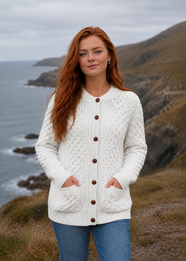 Aran Merino Wool Cable Knit Cardigan | Natural