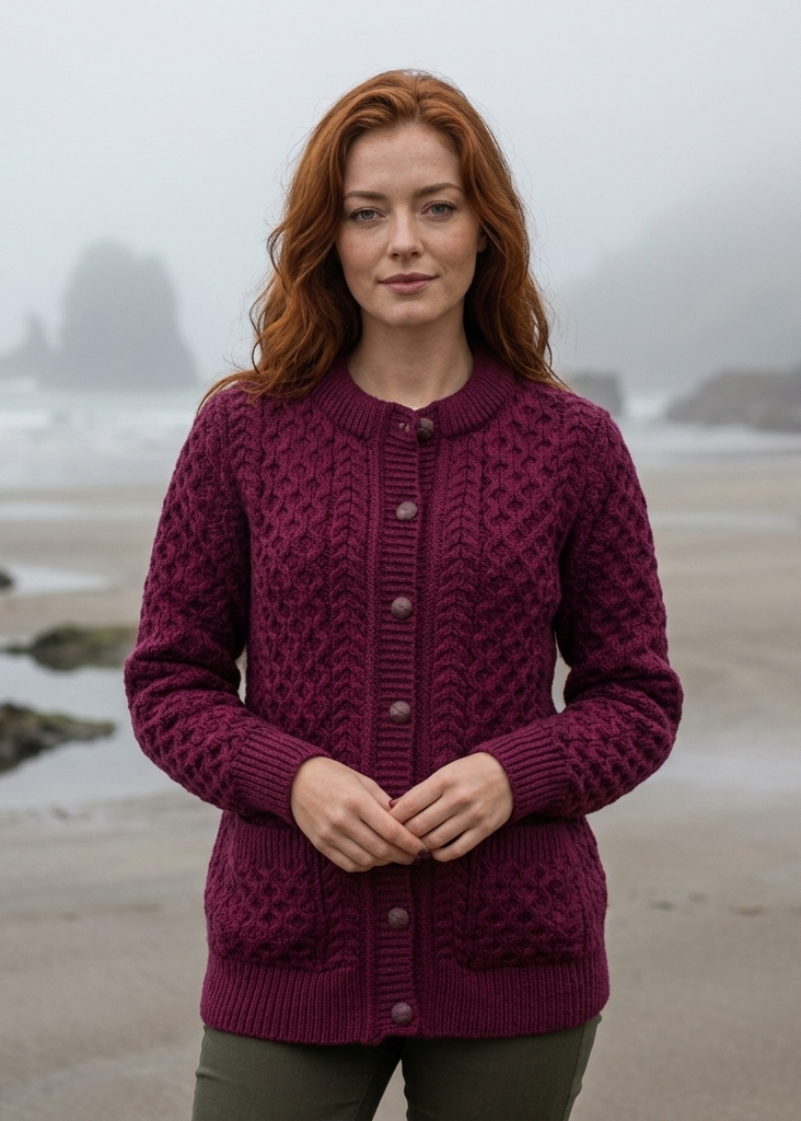 Aran Merino Wool Lumber Cardigan | Raspberry Marl
