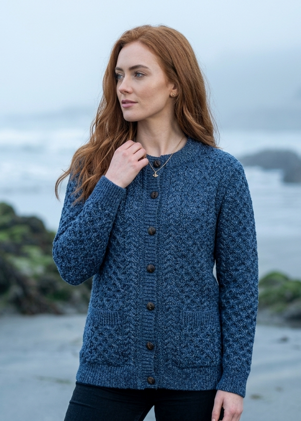 Women's Aran Lumber Cardigan - 100% Merino Wool | Denim Marl