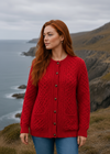 Women's Aran Merino Wool Cardigan | Traditional Honeycomb Knit | Red