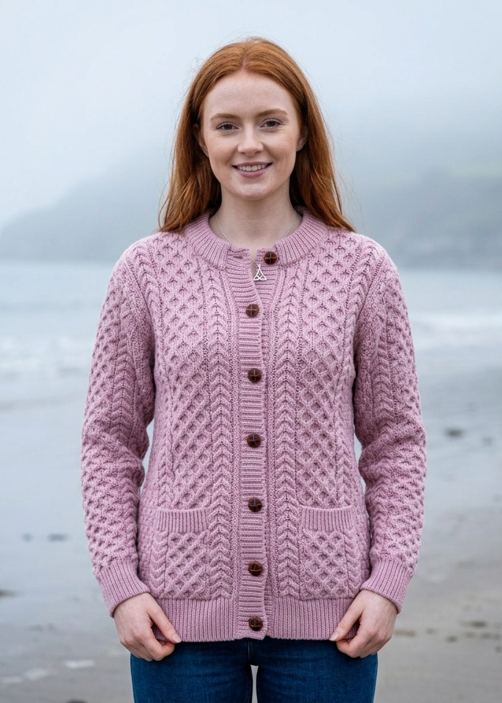 Women's Aran Merino Wool Lumber Cardigan - Rose Ash Pink
