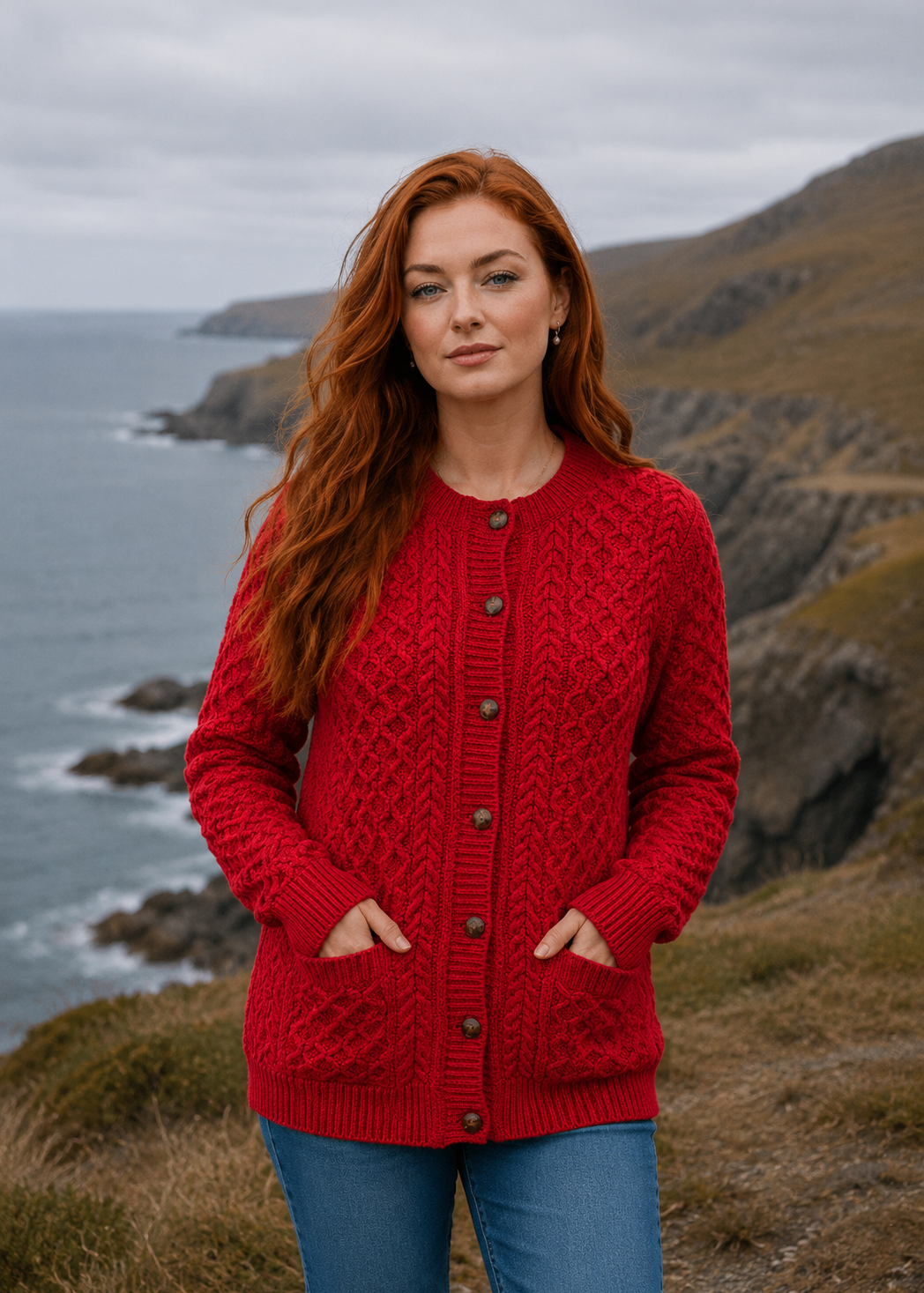 Women's Aran Merino Wool Cardigan | Traditional Honeycomb Knit | Red