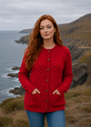Women's Aran Merino Wool Cardigan | Traditional Honeycomb Knit | Red