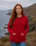 Women's Aran Merino Wool Cardigan | Traditional Honeycomb Knit | Red