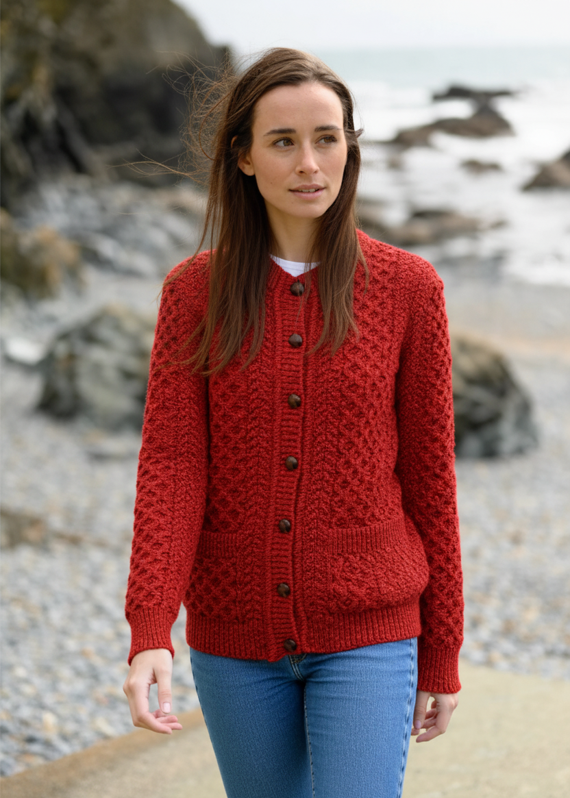 Women's Aran Merino Wool Cardigan | Traditional Honeycomb Knit | Red