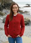 Women's Aran Merino Wool Cardigan | Traditional Honeycomb Knit | Red