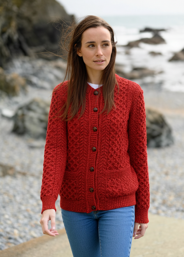 Women's Aran Merino Wool Cardigan | Traditional Honeycomb Knit | Red
