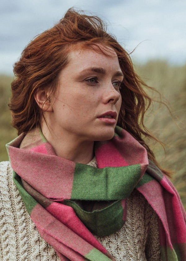 John Hanly Merino Scarf | Pink Green Block