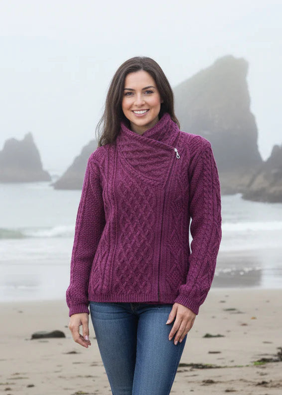 Claddagh Side Zip Aran Cardigan | Raspberry