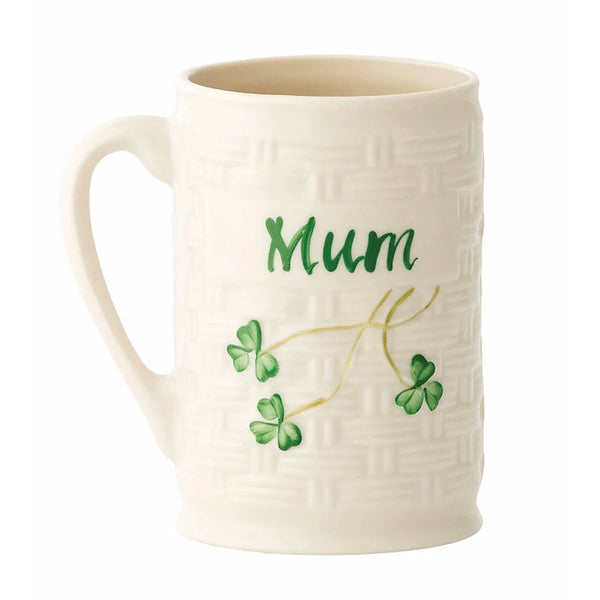 White mug with 'Mum' and shamrock design on a white background