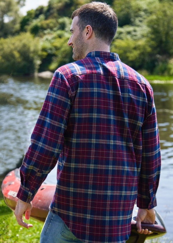 Men's Flannel Grandfather Shirt - Maroon and Navy Check