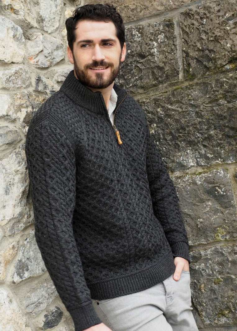 Men's Aran Super Soft Merino 1/4 Zip Sweater | Charcoal