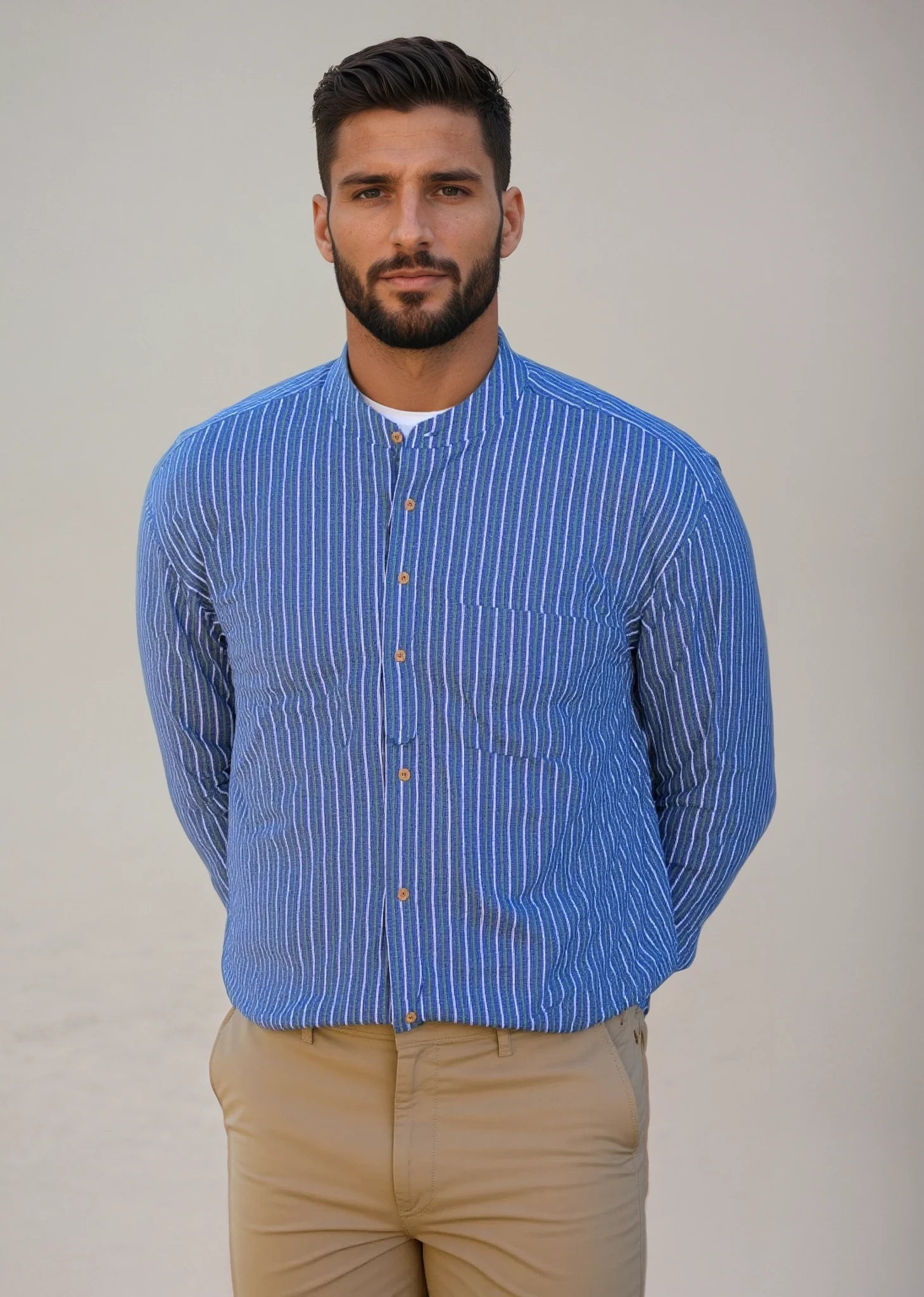 Grandfather Shirt | Blue Green Stripes