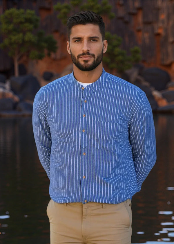 Grandfather Shirt | Blue Green Stripes