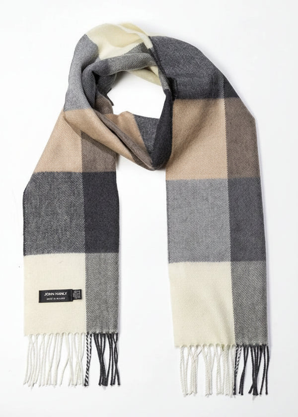 John Hanly Merino Scarf | Cream Brown Check
