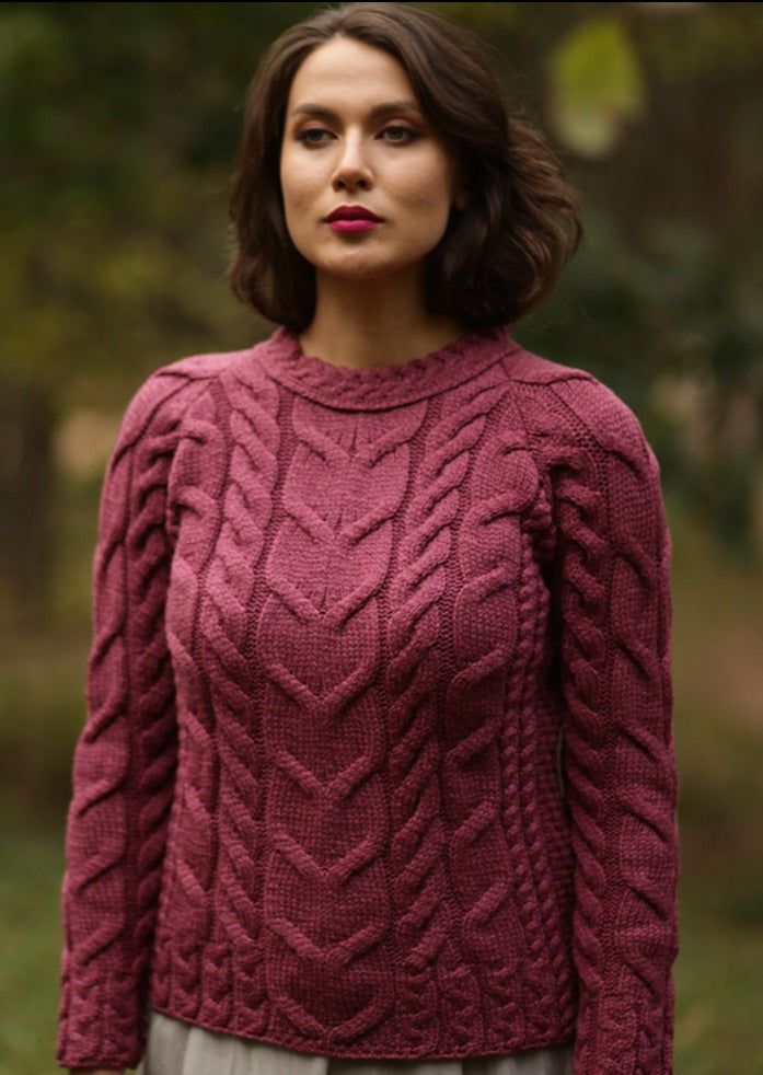 Listowel Ladies Aran Cabled Sweater | Raspberry