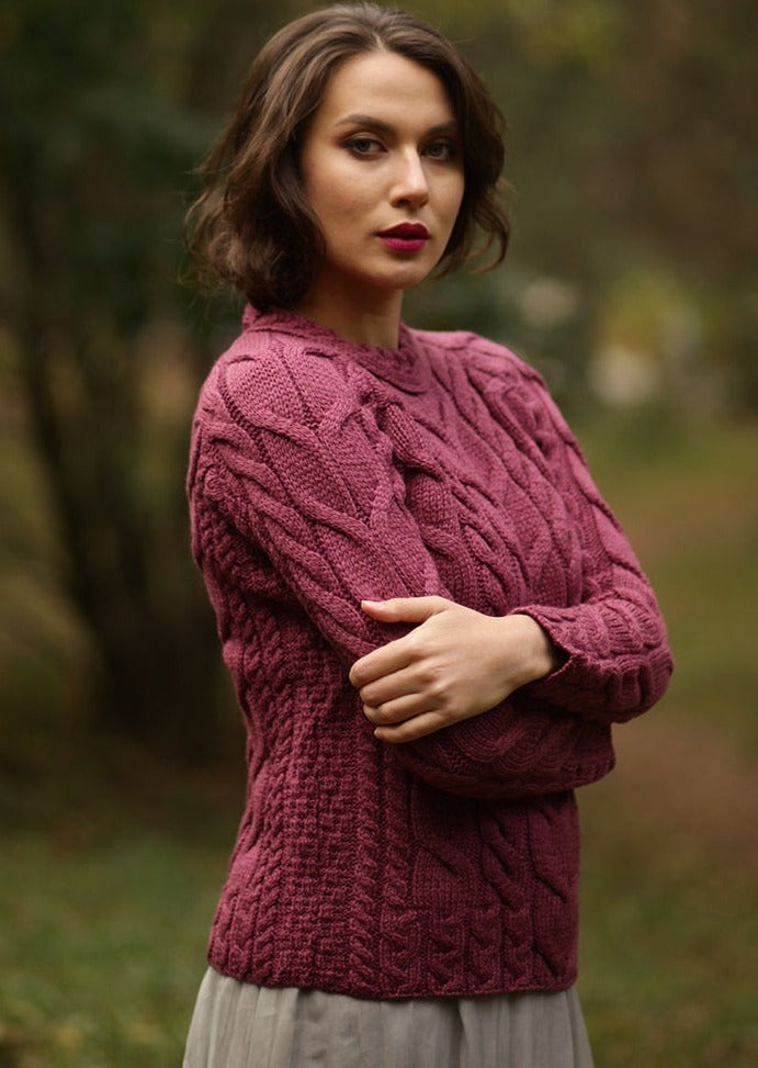 Listowel Ladies Aran Cabled Sweater | Raspberry