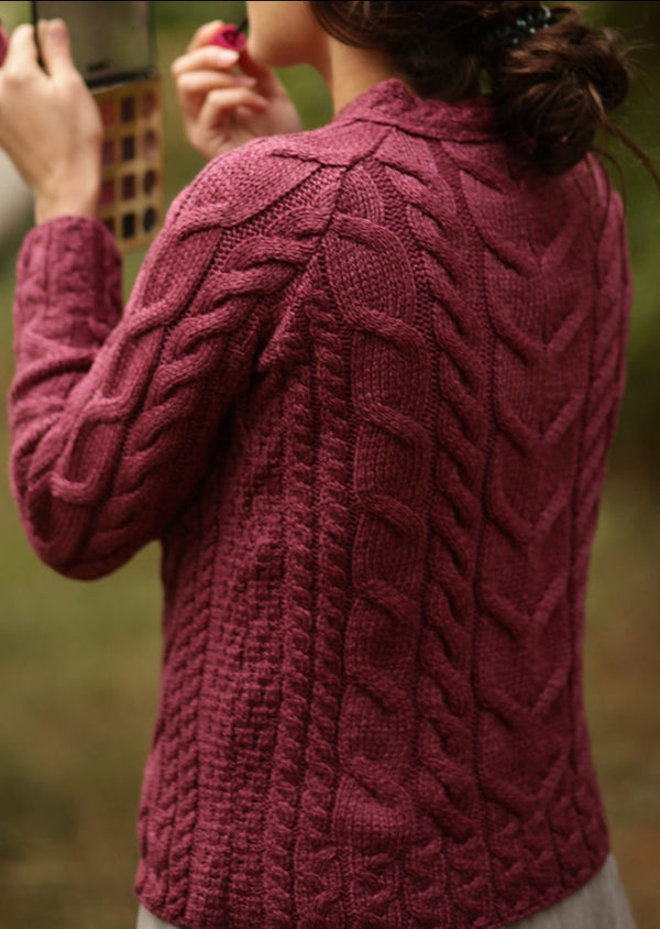 Listowel Ladies Aran Cabled Sweater | Raspberry