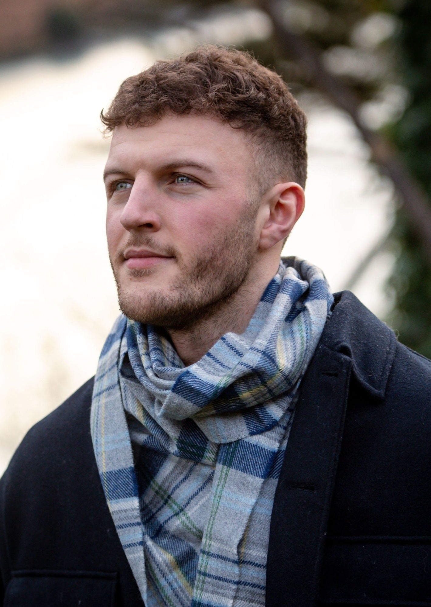 John Hanly Merino Scarf | Grey Blue Check