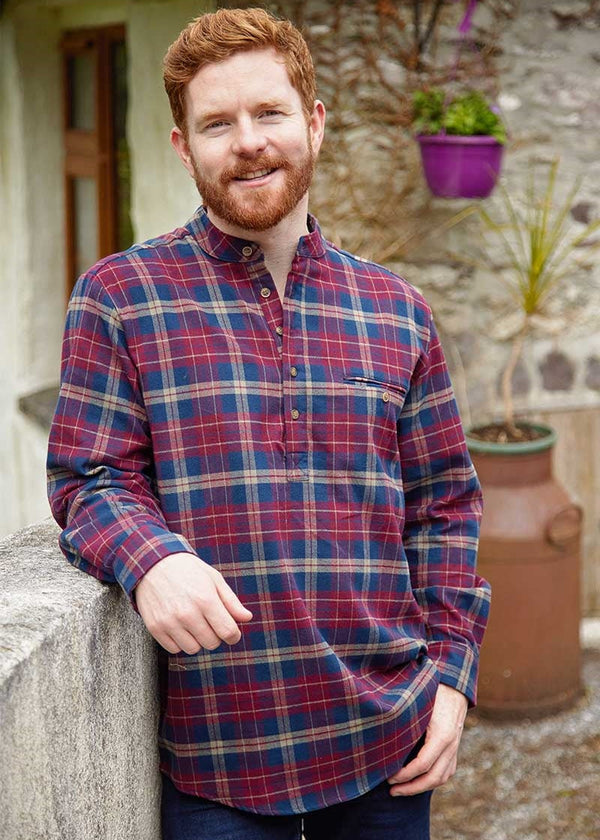 Men's Flannel Grandfather Shirt | Maroon Navy Check
