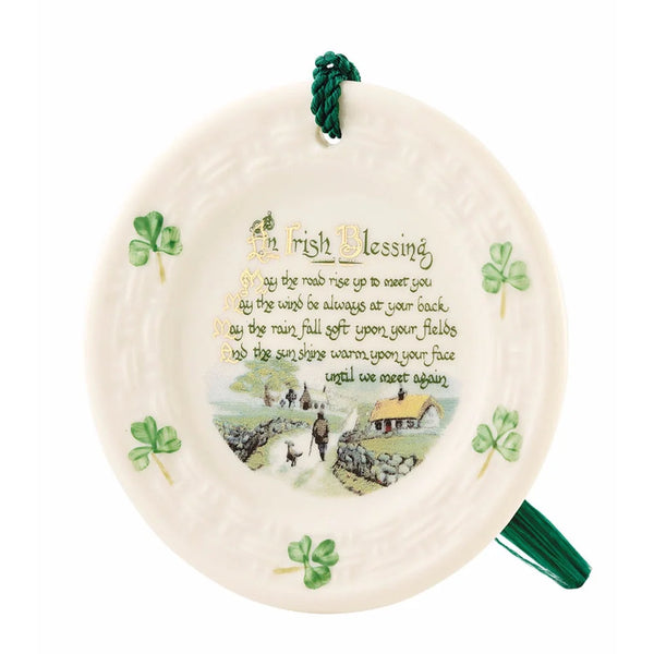 Decorative plate with an Irish blessing and shamrock design on a white background